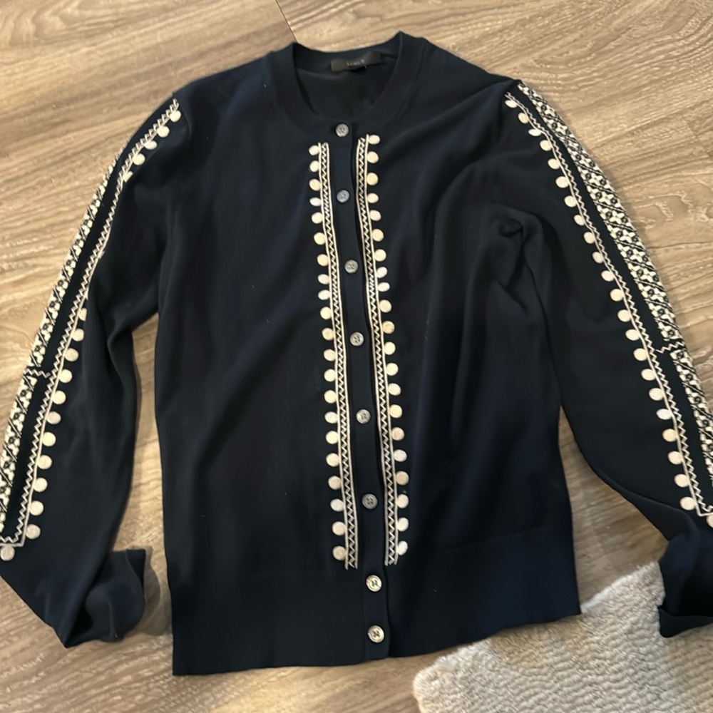 J Crew Navy Blue Embroidered Cardigan Sweater Cotton Blend Size XS
